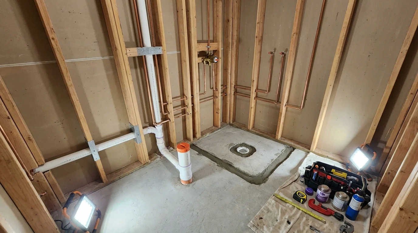 Bathroom rough-in plumbing during remodel by Johns Plumbing LLC in Princess Anne