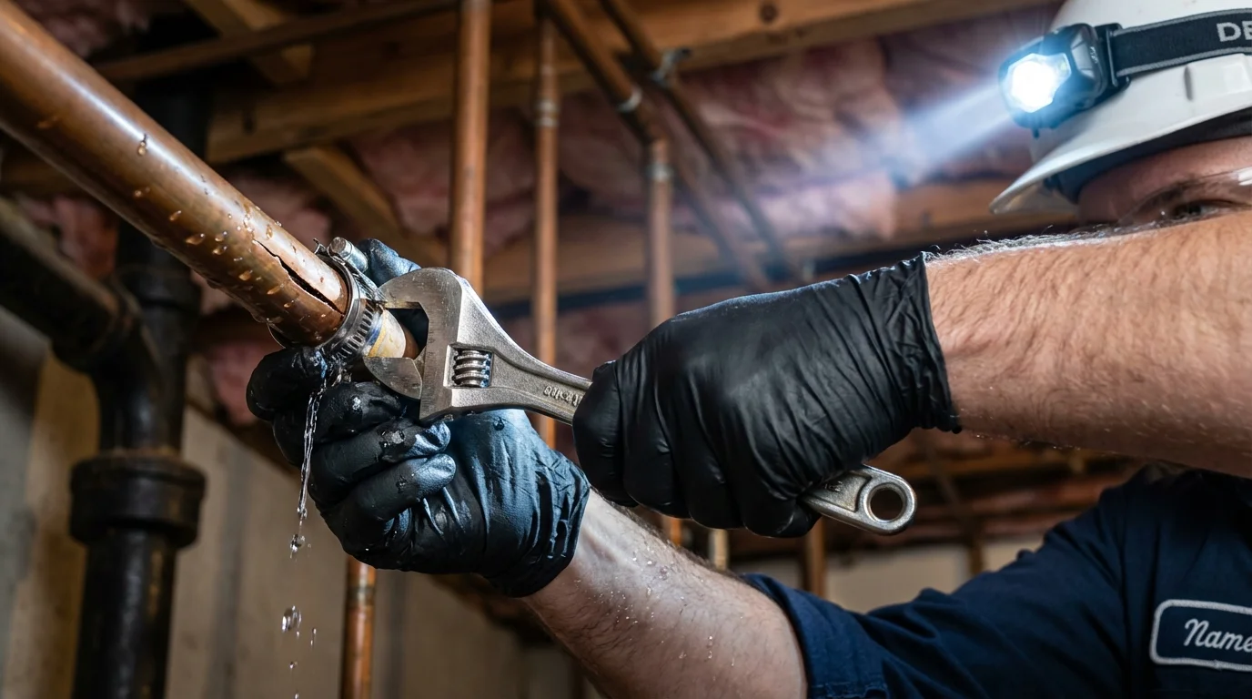 Emergency pipe clamp repair being performed by a Johns Plumbing LLC plumber in Princess Anne