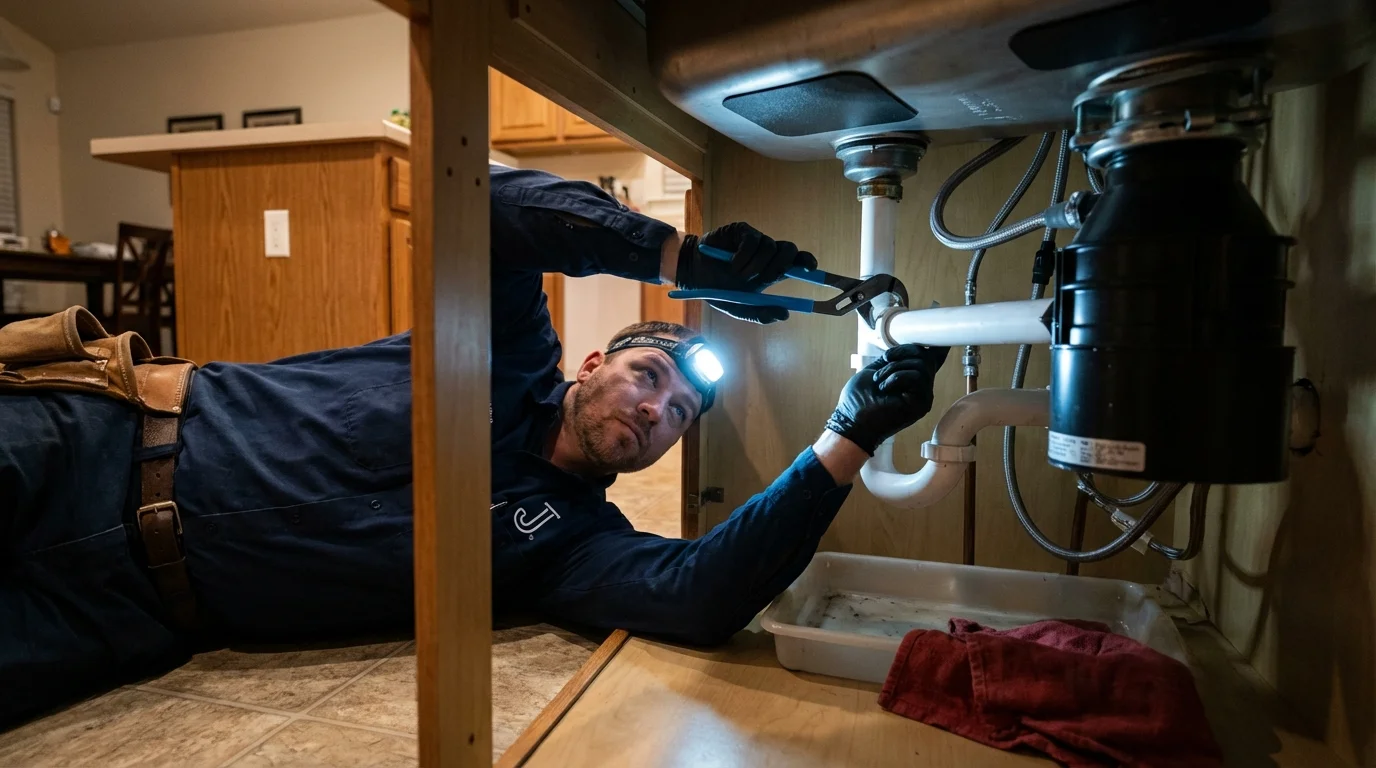 P-trap and supply line connections under a kitchen sink showing a common leak point in Princess Anne, MD